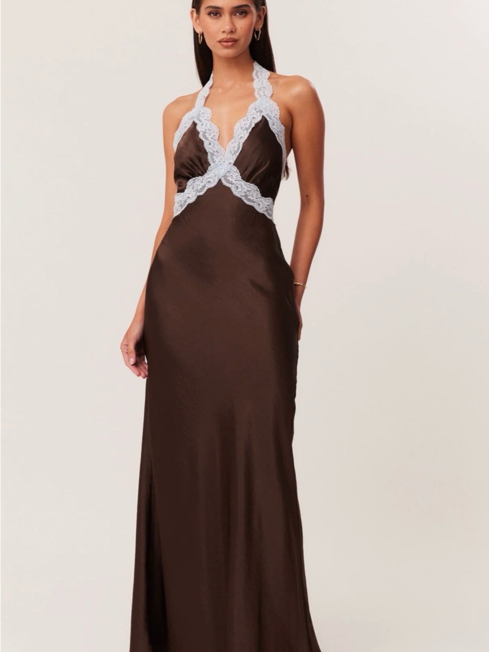 Satin Halter Revolve Tonya Maxi Dress with Lace Trim - Brown